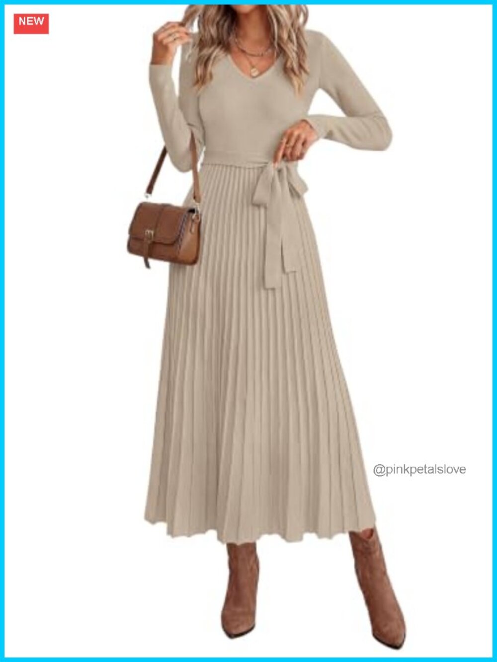 A-Line Maxi Sweater Dress Long Sleeve V-Neck Bow Knit